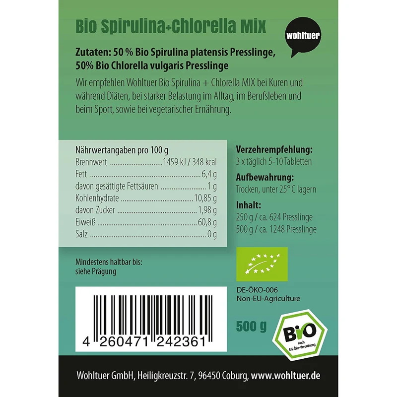 Wohltuer Spirulina + Chlorella Bio Algen Mix Tabletten - 500g