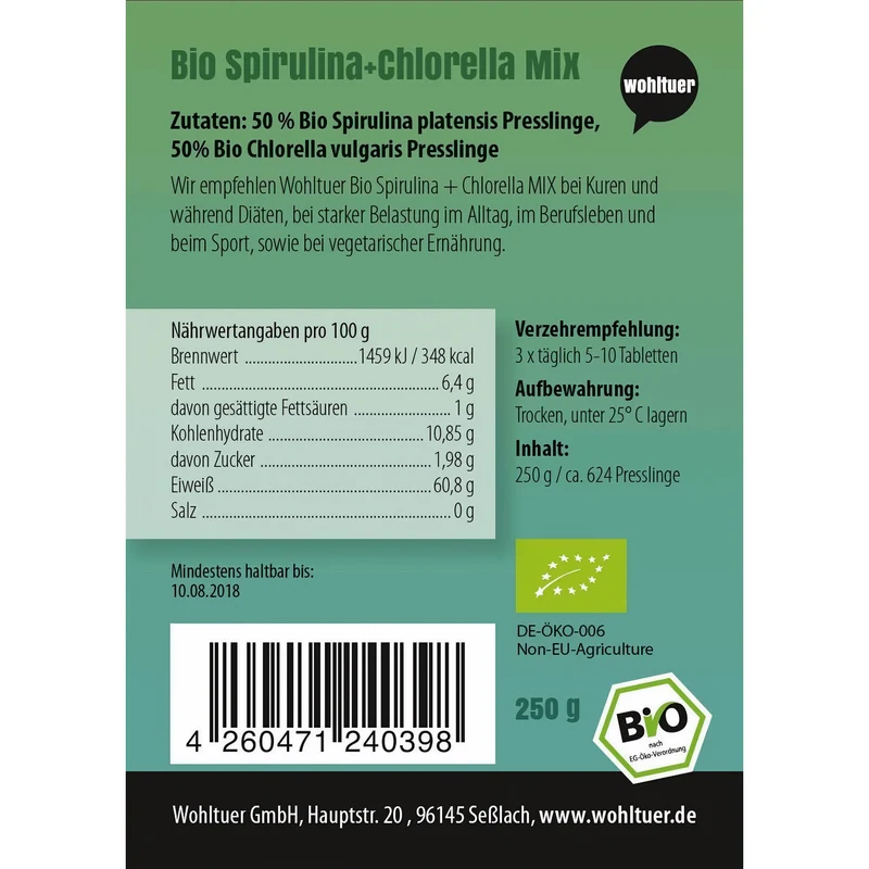 Wohltuer Spirulina + Chlorella Bio Algen Mix Tabletten - 250g