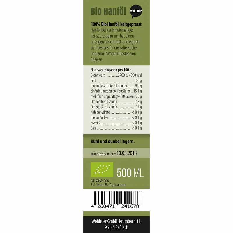 Wohltuer Bio Hanföl kaltgepresst - 500ml