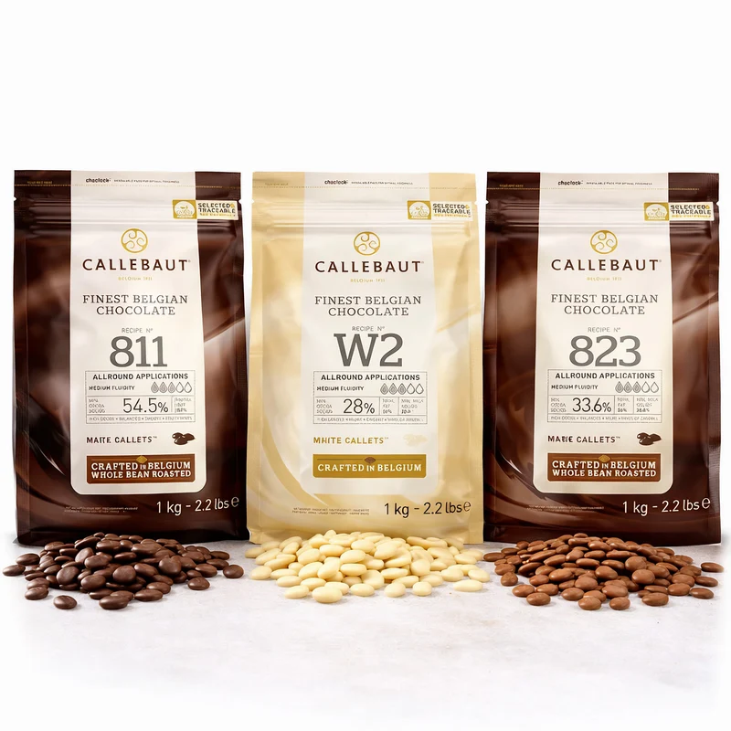 Callebaut 811,823,W2 Kuvertüre Callets Zartbitter-, Milch-, und weiße Schokolade - 3x1000g