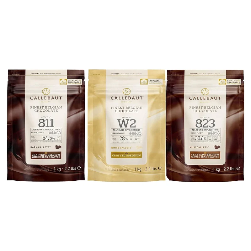 Callebaut 811,823,W2 Kuvertüre Callets Zartbitter-, Milch-, und weiße Schokolade - 3x1000g