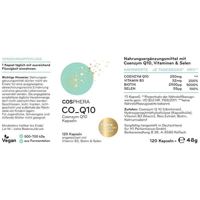 Cosphera Coenzym Q10 hochdosiert 250mg pro Kapsel - 120 Kapseln