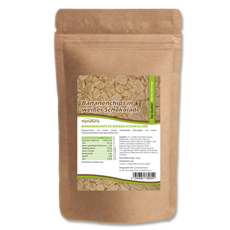 Mynatura Bananenchips in weißer Schokolade – in verschiedenen Größen