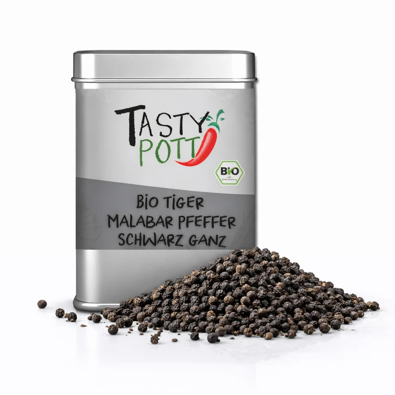 Tasty Pott Tiger Bio Malabar Pfeffer schwarz - Tigerpfeffer ganz - 100g Dose