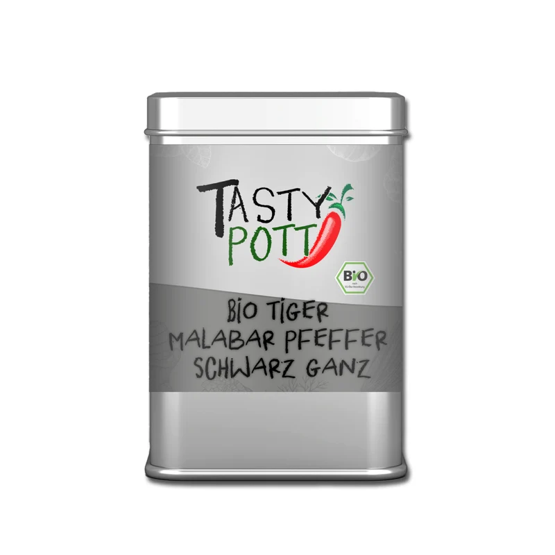 Tasty Pott Tiger Bio Malabar Pfeffer schwarz - Tigerpfeffer ganz - 100g Dose