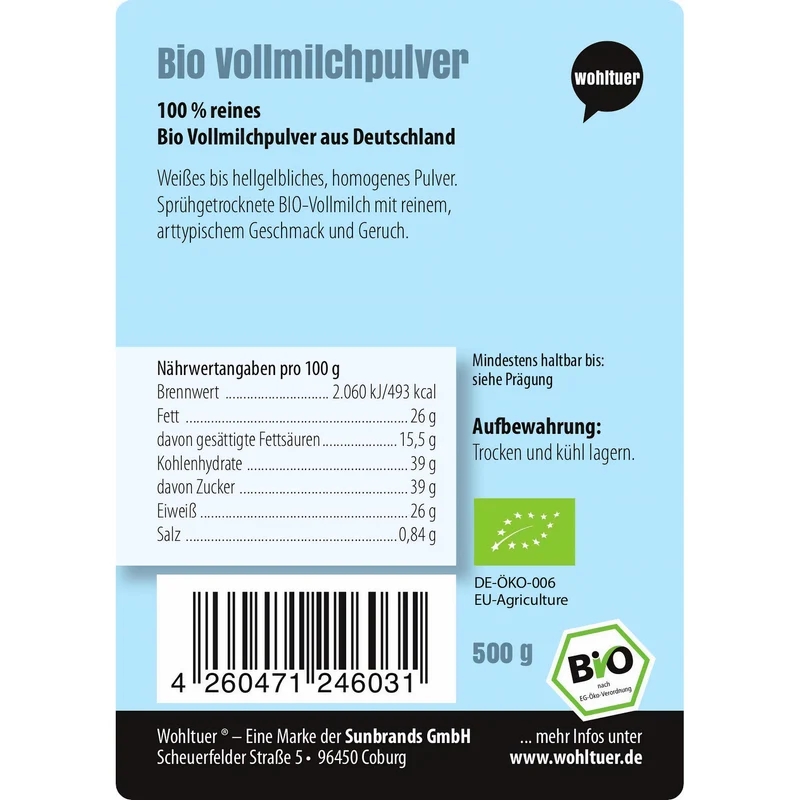 Wohltuer Bio Vollmilchpulver gut löslich - 500g Beutel