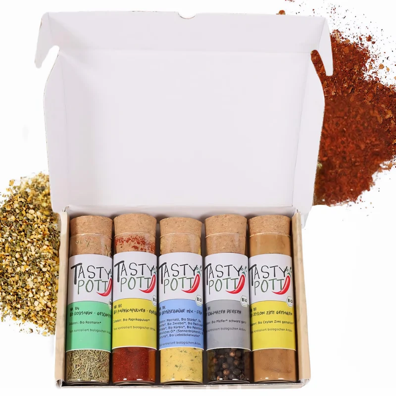 Tasty Pott Dank Box "Viel Spaß und guten Hunger" - Jeweils 5 Gewürze wählbar + Karte