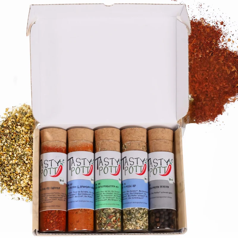 Tasty Pott Dank Box "Viel Spaß und guten Hunger" - Jeweils 5 Gewürze wählbar + Karte
