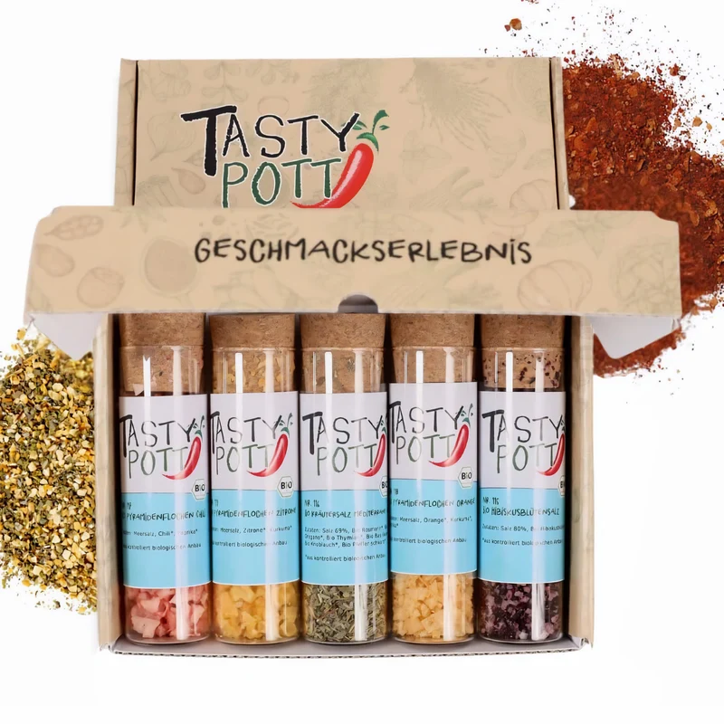 Tasty Pott Dank Box "Viel Spaß und guten Hunger" - Jeweils 5 Gewürze wählbar + Karte