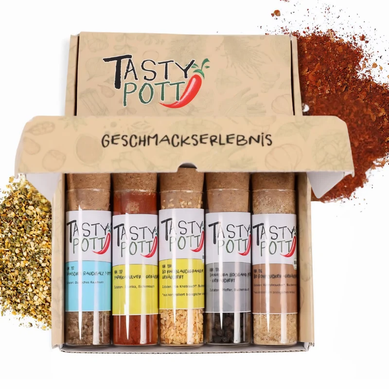 Tasty Pott Dank Box "Viel Spaß und guten Hunger" - Jeweils 5 Gewürze wählbar + Karte