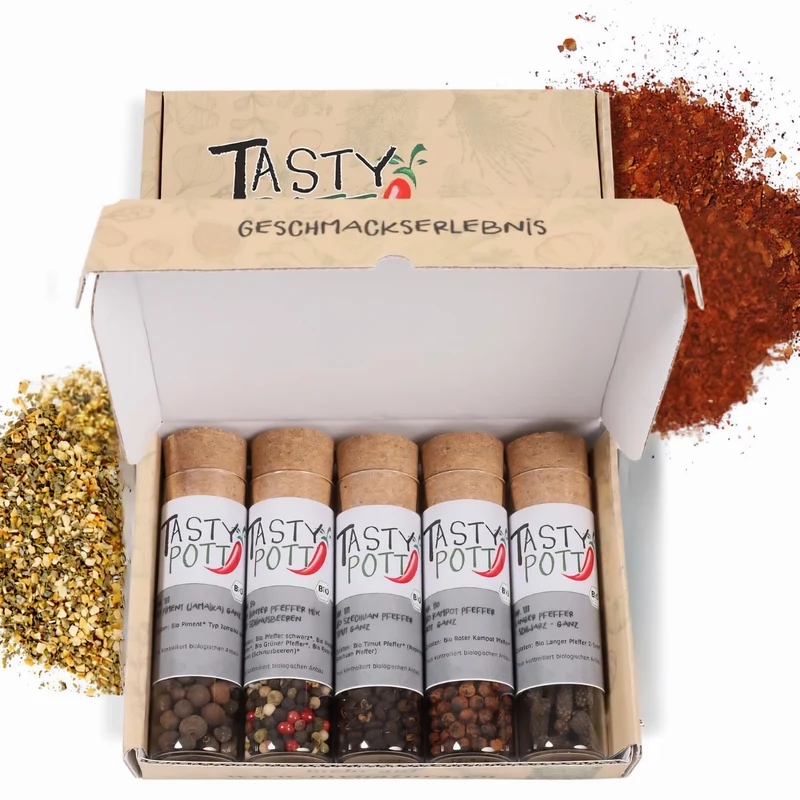 Tasty Pott Dank Box "Viel Spaß und guten Hunger" - Jeweils 5 Gewürze wählbar + Karte
