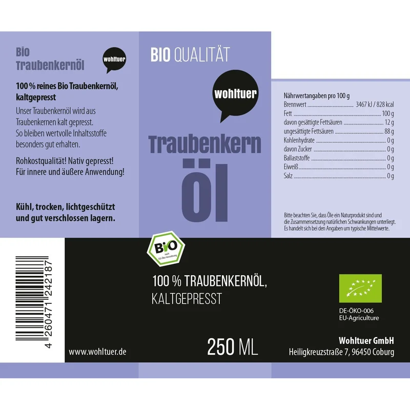 Wohltuer Bio Traubenkernöl kaltgepresst - 250ml