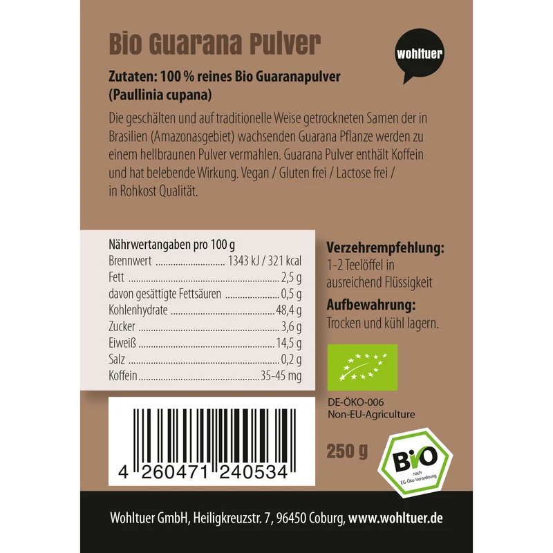 Wohltuer Bio Guarana Pulver - 250g