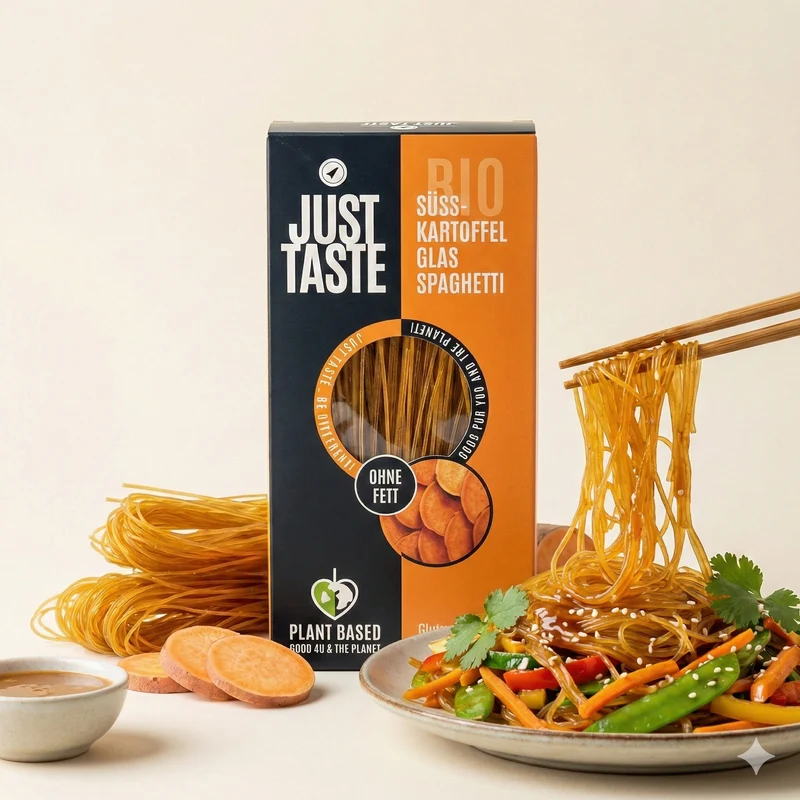 JUST TASTE – bio Süßkartoffel Kurkuma Glas Spaghetti – 6x 250g