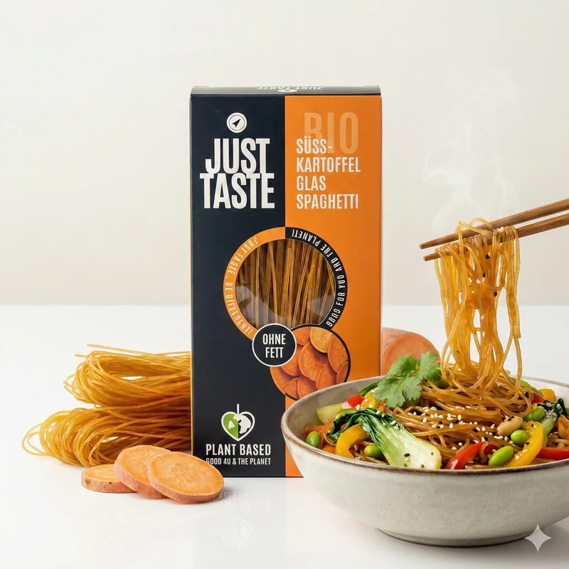 JUST TASTE – bio Süßkartoffel Kurkuma Glas Spaghetti – 6x 250g