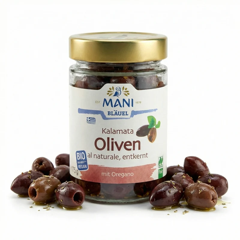 MANI ΜΑΝΙ Kalamata Oliven, al naturale, entkernt, bio (3 x 175 g)