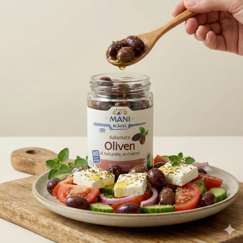 MANI ΜΑΝΙ Kalamata Oliven, al naturale, entkernt, bio (3 x 175 g)