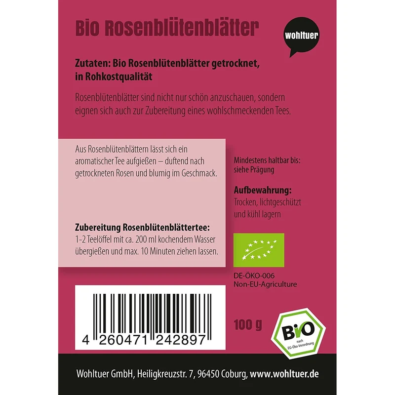 Wohltuer Bio Rosenblütenblätter für - Tee, Essenzen, Bädern und Küche - ab 100g