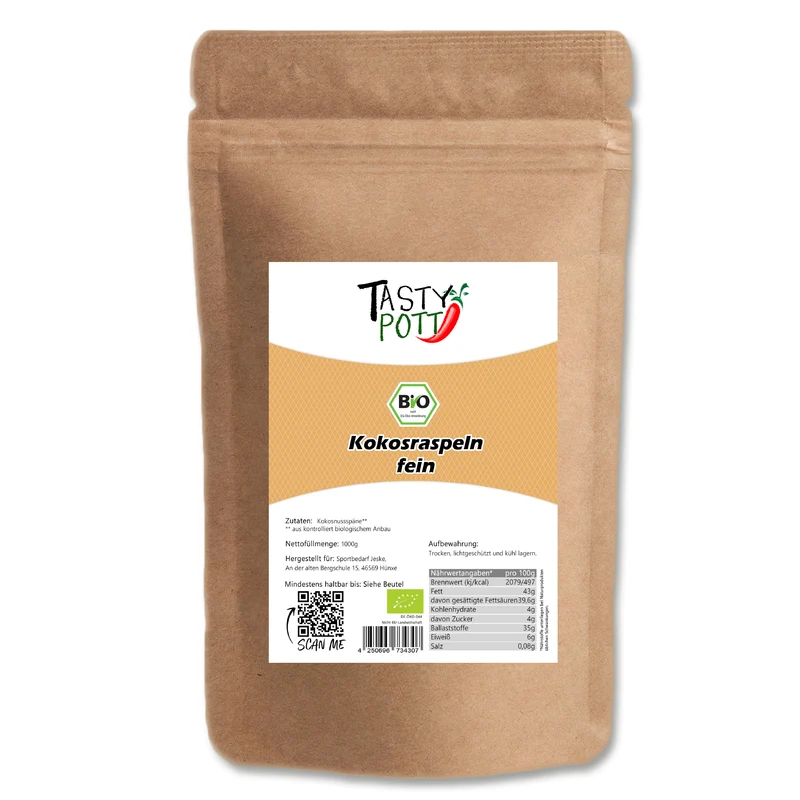 Tasty Pott Bio Kokosraspeln fein - teilentölt - 1kg im Beutel