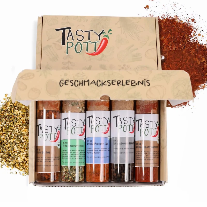Tasty Pott Dank Box "Vielen Dank" - Jeweils 5 Gewürze wählbar + Karte