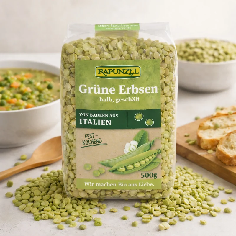 Rapunzel Bio Erbsen grün halbiert und geschält - 500g