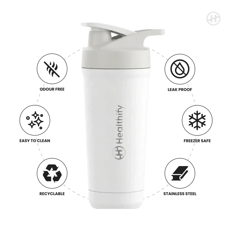 Healthify Premium Stainless Steel Protein Shaker, BPA Free 700ML (White)