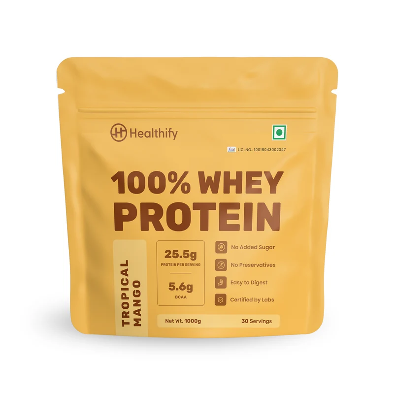Healthify 100% Whey Protein -Mango , 25.5 g Protein, 5.6 g BCAA - No Added Sugar, Zero Preservatives