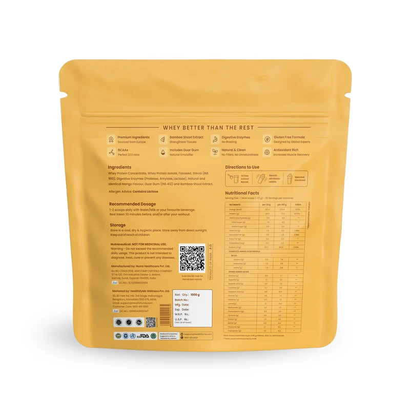 Healthify 100% Whey Protein -Mango , 25.5 g Protein, 5.6 g BCAA - No Added Sugar, Zero Preservatives
