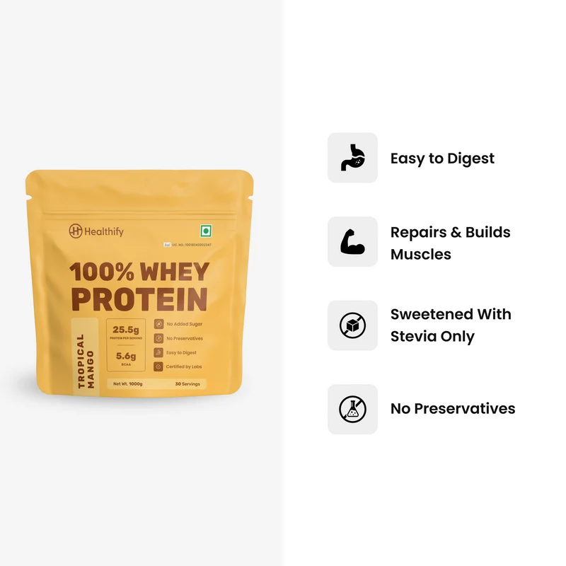 Healthify 100% Whey Protein -Mango , 25.5 g Protein, 5.6 g BCAA - No Added Sugar, Zero Preservatives