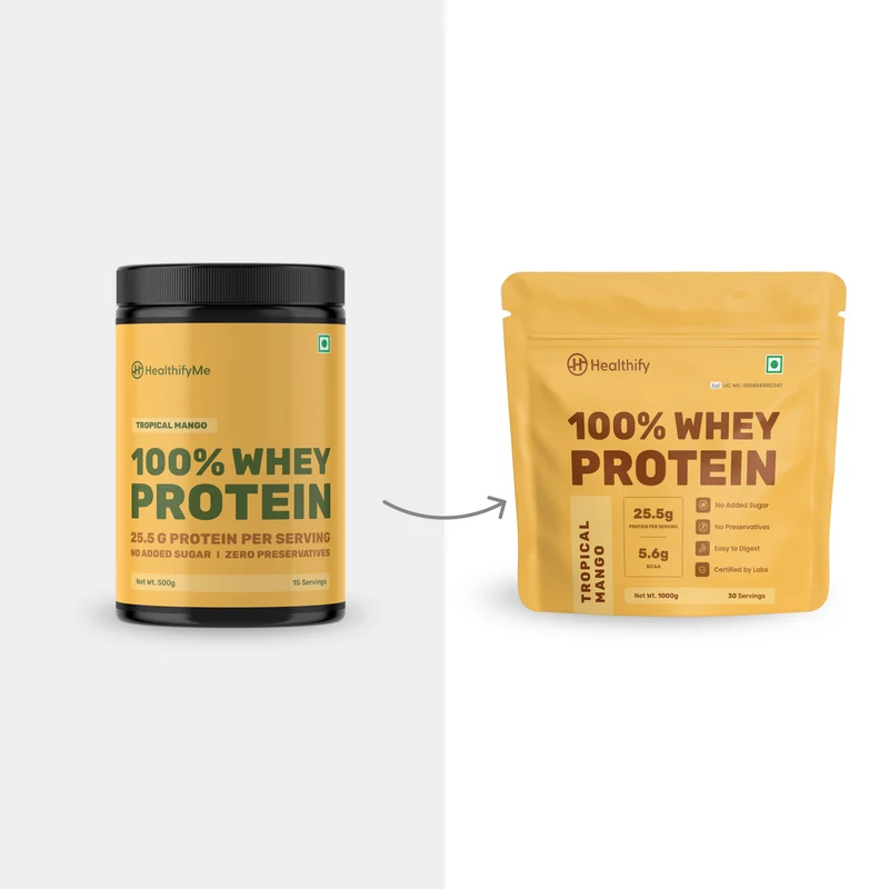 Healthify 100% Whey Protein -Mango , 25.5 g Protein, 5.6 g BCAA - No Added Sugar, Zero Preservatives