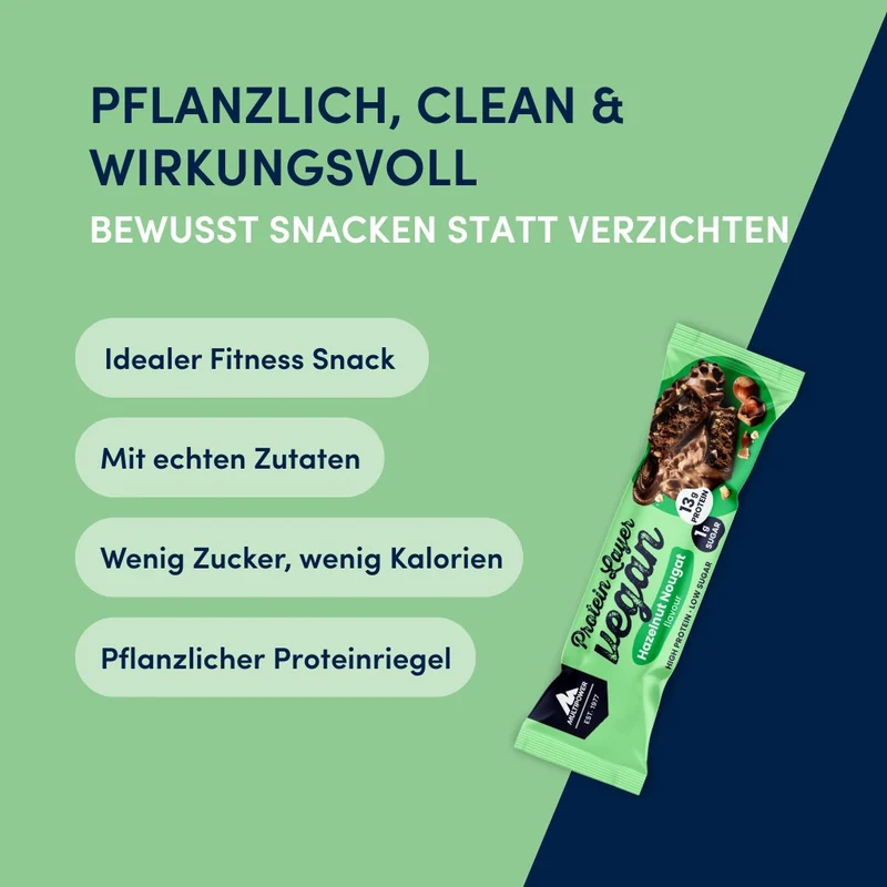 Vegan Protein Layer Haselnuss Nougat 55g | 13g pflanzliches Eiweiß pro Riegel