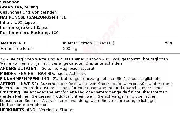 Swanson Grüner Tee Extrakt 100 Kapseln